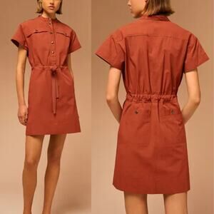 Soeur Mia Technical Rust Red Cotton Canvas Belted Short Sleeve Mini Dress